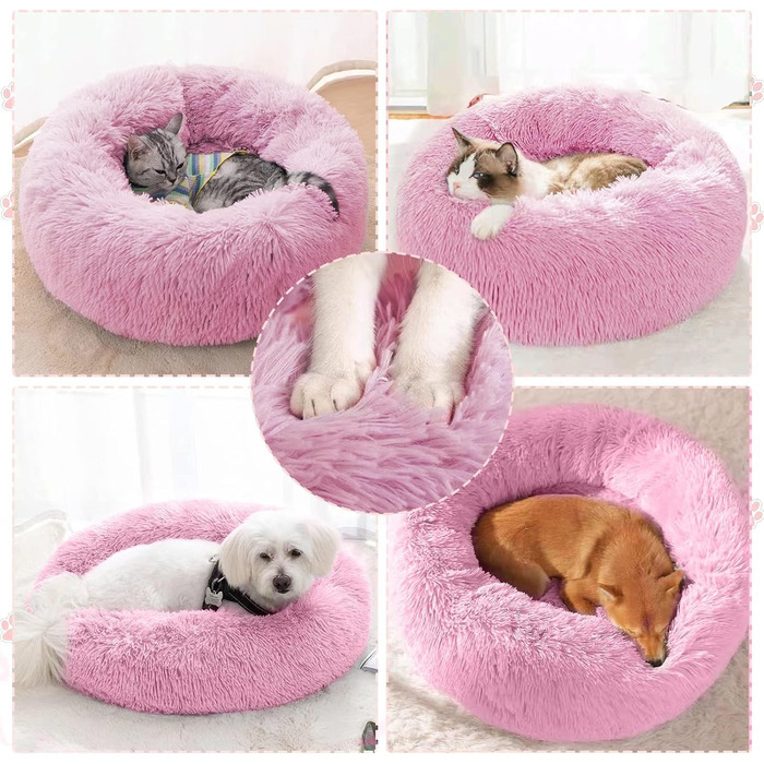 М'яке ліжко для котів та собак DONWEI, кругле, плюшеве, 50/70 см, рожеве