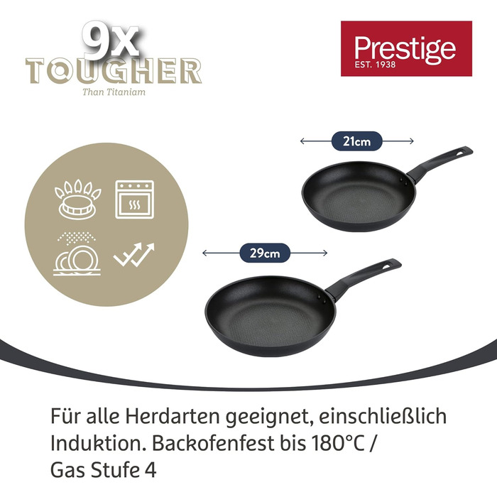 Набір сковорідок Prestige 9 x Tougher: 3 шт. (21/25/29 см) з антипригарним покриттям, стійким до подряпин, індукційні, з ергономічними ручками, безпечні для духовки та посудомийної машини