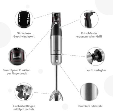 KLAMER Stabmixer 800W: 4-в-1 Пюрірувач зі сталі з регулюванням швидкості та турбо-функцією (Преміум-набір)