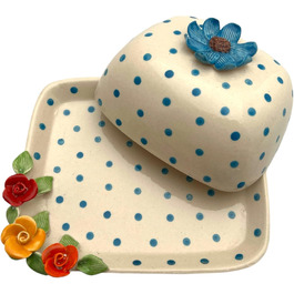 Ceramic Butter Dish with Lid, Colorful, Hand-Painted (dotted blue flower)