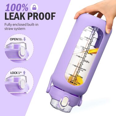 2L Glass Water Bottle with 2 Lids Flip and Go Lid 2 Liter Large Water Jug with Time Marker and Silicone Sleeve BPA-Free Leakproof for Sports Gym, (Purple)