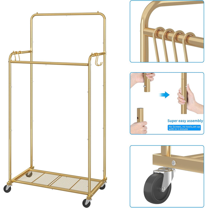 Clothes rack with double bar, sturdy clothes rack on wheels for hanging clothes, with 4 hooks, gold