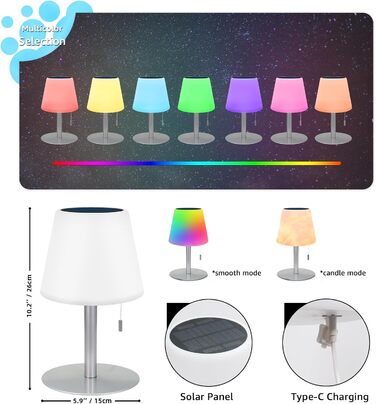 Світлодіодний солярний світильник для столу, вуличний, 2-в-1, бездротовий, 8 кольорів, для саду, кемпінгу (Срібний)
