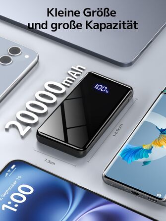 Power Bank 20000mAh з швидкою зарядкою 22,5W USB-C PD3.0 & QC4.0, LED дисплеєм, для iPhone, Galaxy, подорожей та кемпінгу, чорний