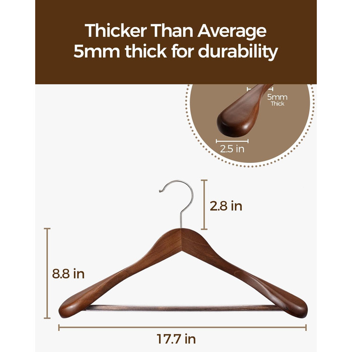 Набір дерев'яних вішалок Premium з широкими плечима (6 шт.) з обертовими гачками | Для пальто, курток, суконь | Натуральне дерево, вінтажний стиль