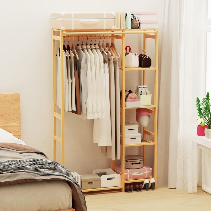 Bamboo Clothes Rack, Coat Stand with Shelves, Laundry Rack with Curtain and Clothes Rail, 90x30x146.6cm