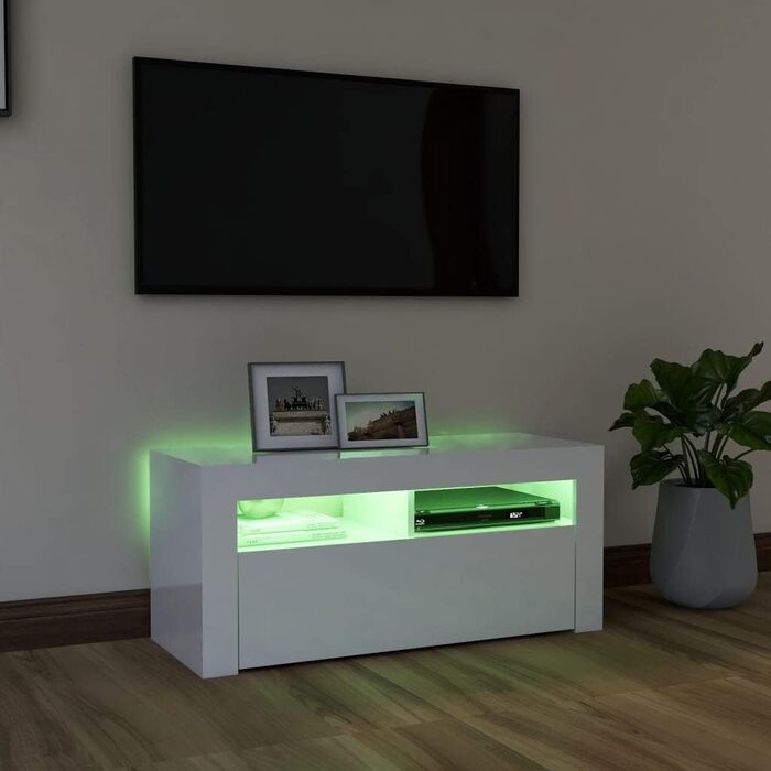 ТВ тумба vidaXL з LED підсвіткою, глянцева біла, 90x35x40 см, низька шафа для телевізора, медіатумба, HiFi меблі