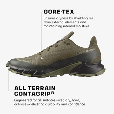 Чоловічі трейлові кросівки Salomon Alphacross 5 Gore-Tex (46 2/3 EU, Olive Night Black Deep Lichen Green)
