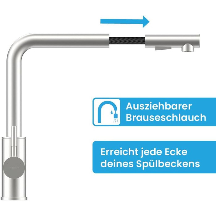Кухонний змішувач Bächlein Varvaro – поворотний на 360° з висувним шлангом та душем – нержавіюча сталь