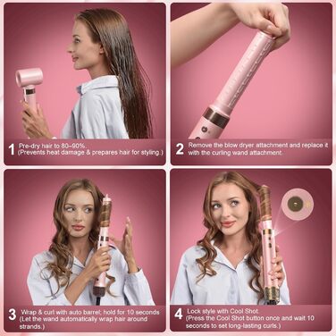 Airstyler 8-в-1: Фен-щітка з автоматичною насадкою для локонів, Dual Voltage, для подорожей, рожевий. Швидке сушіння, об'єм та без пошкоджень від тепла.