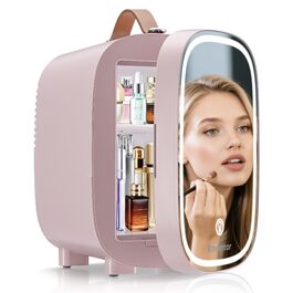 Mini-холодильник Enventor 4L (6 банок) з LED-дзеркалом, охолодження/нагрівання, рожевий