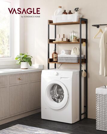 VASAGLE Toilet Shelf, 3 Tiers, Bathroom Shelf, Space-Saving, Easy to Assemble, for Laundry Room, Industrial Style, Rustic Brown and Black, BTS002B01