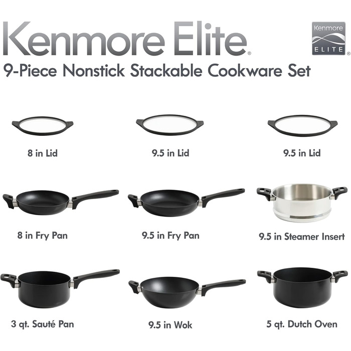 Набір посуду Kenmore 126369.1 з антипригарним покриттям, алюміній, блакитний (9 предметів, чорний)