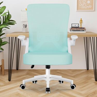 Ергономічне крісло для офісу, офісне крісло з відкидними підлокітниками, регульована поперекова підтримка, регульоване крісло для начальника, поворотне крісло, сітчасте крісло з функцією гойдання до 125° (Блакитно-зелене, без підголівника)