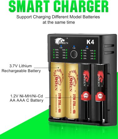 Зарядний пристрій IMREN 18650 з 4 слотами, 2A, USB-C для Li-Ion акумуляторів 18350, 14500, 14650, 17500, 18700, 20700, 21700, 22650, 26650, 1.2V NI-MH/NI-Cd AA AAA C