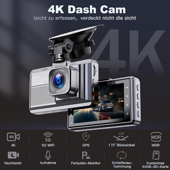 Відеореєстратор Dash Cam 4K з GPS, WiFi 5Ghz, 64GB SD, Паркування, Нічне бачення, Loop-запис