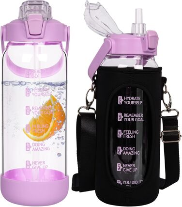 2L Glass Bottle | Glass Drinking Bottle with Straw & Time Marker, Leak-Proof 2 Liter Large Glass Water Bottle for Smoothies, Carbonated Drinks Suitable, Dishwasher Safe