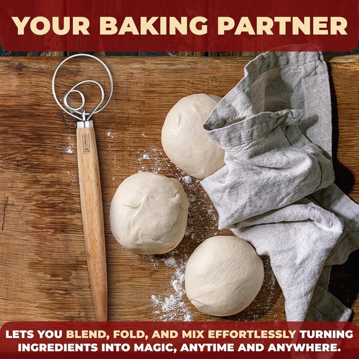 ORBLUE Тестоміс – міксер для тіста з нержавіючої сталі та дерев'яною ручкою, 33 см – ідеальний аксесуар для випічки хлібного, пісного та кондитерського тіста