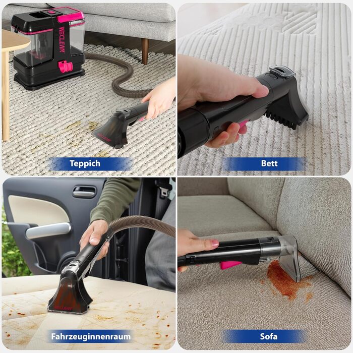 WECLEAN Миючий пилосос для килимів та м'яких меблів, портативний, 350W, двобаковий, чорний та рожевий