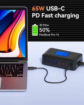 Зарядний пристрій USB C 200W, 8 портів, PD 65W з LCD дисплеєм для MacBook, iPad, iPhone 16/15/14/13 Pro/Max, Samsung S24/S23 – Чорний