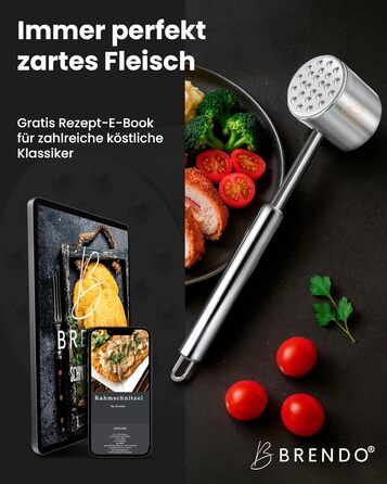 Преміум Fleischklopfer від Brendo: м'ясорубка з масивного нержавіючої сталі, двостороння, з плоскою та зубчастою поверхнею для будь-якого м'яса, + E-Book рецептів, придатна для миття в посудомийній машині, шніцельниця