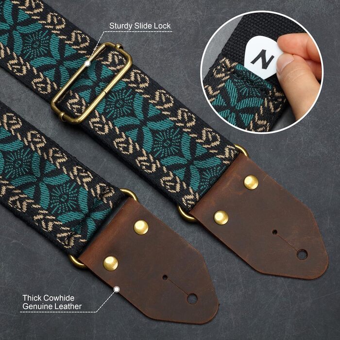 Гітарний ремінь Nefelibata з вишивкою, бавовна з дзеркальним краєм з Crazy Horse шкіри, для бас-гітари, електро- та акустичної, подарунок для дітей та гітаристів (вишивка зелена)