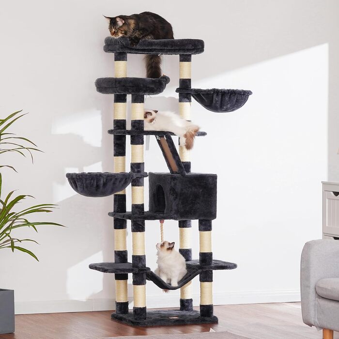 Багатоповерховий котячий будиночок Heybly Kratzbaum HCT025G, 173 см, з 16 стовпчиками для дряпання, 2 платформами, гамаком, печерею та іграшками