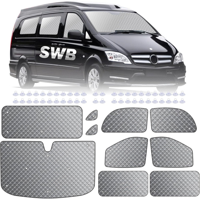 Теплоізоляційний комплект MaxAwe з 10 термоматів для Mercedes VITO II W639/Viano 2003-2014 (коротка база L2), внутрішні автошторки на лобове скло, сонцезахисні та затемнювальні термощітки