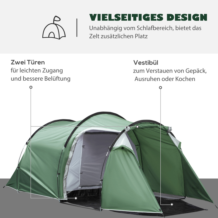 Outsunny Tunnel Tent for 2-3 People, 190T Camping Tent with Stakes, Fiberglass & Polyester, Dark Green, 426x206x154cm for Outdoor Adventures