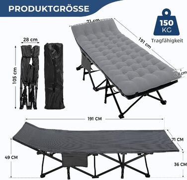 Ліжко похідне розкладне Palawano Extra Wide 190x71 см з матрацом для кемпінгу, сіре