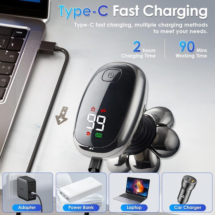 Електричний гостростример для голивної голови 5-в-1 для чоловіків, з 7 обертовими лезами, водонепроникний, USB-C, з LED-дисплеєм