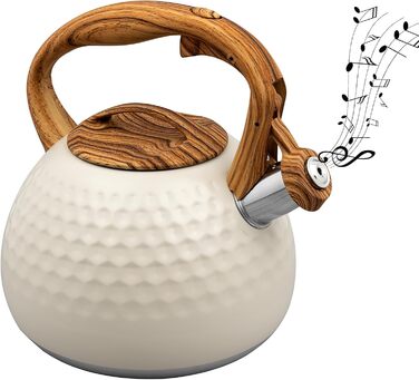 Чайник для плити, 3 л, нержавіюча сталь, з ручкою з деревом, чайник-свисток для індукційних, газових та електричних плит (білий)