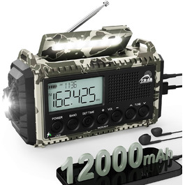 Радіо на сонячній батареї та з ручним генератором | Powerbank 12000mAh | AM/FM/SW, SOS, USB-C, IPX4, ліхтарик | для кемпінгу та відпочинку на природі (Граутарт)