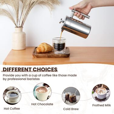 Velaze French Press Stainless Steel Coffee Maker, 350ML Coffee Maker for 2-3 Cups, Double-Walled French Coffee Press, Elegant Design, Coffee Pot with 5 Stainless Steel Filters and 1 Spoon