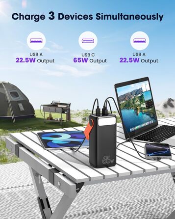 Power Bank 60000mAh 65W з 3 виходами USB-C, чорний: для ноутбуків, смартфонів, планшетів