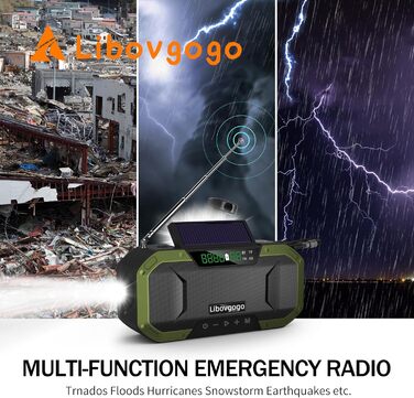 Радіоприймач аварійний водонепроникний з Bluetooth, ліхтарем, сонячною панеллю та зарядним пристроєм 5000mAh (зелений)