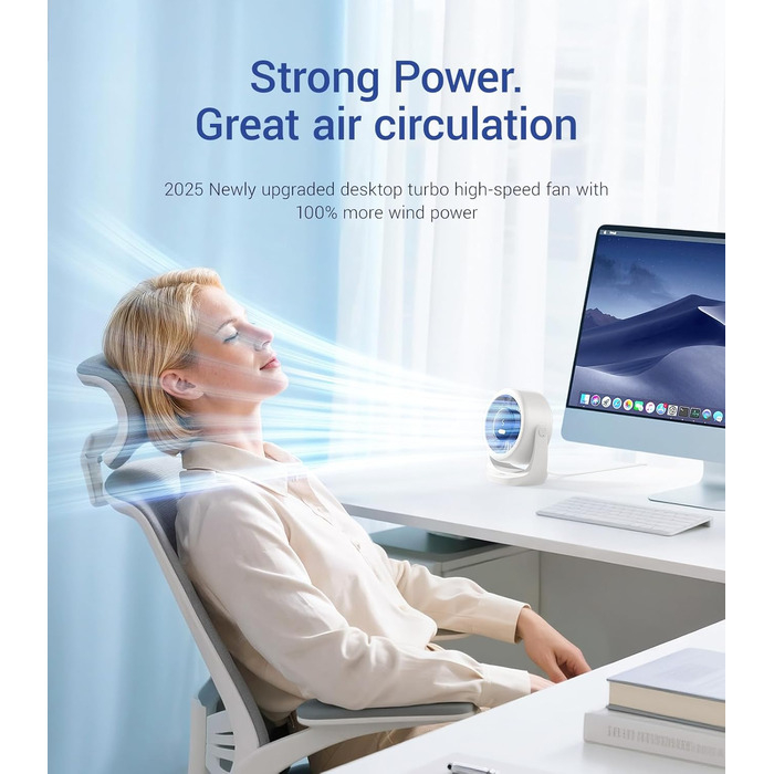 USB Turbo вентилятор для столу: тихий, потужний, з LED-дисплеєм, 5 швидкостей, 360° обертів, портативний для дому, офісу та відпочинку – TurboBreeze (сніжно-білий)