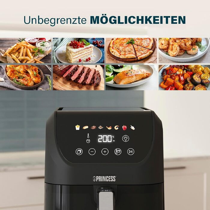 Фритюрниця Princess Slim Airfryer 5 л, 1500 Вт, тиха (55 дБ), компактна без масла, 8 програм, антипригарне покриття