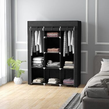 HOMCOM Wardrobe Fabric Closet with Drawers, Hanging Rail and Zipper, Fabric Clothes Closet Folding Wardrobe for Bedroom, Dressing Room, 102 x 42.5 x 162.5 cm, (Black, 125L x 43W x 162.5H cm)