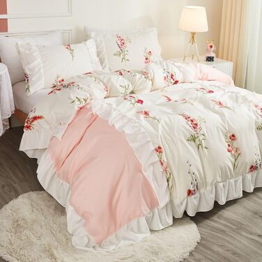 Бежева постільна ковдра 220x240 см з ручною вишивкою, комплект. Вінтажний стиль, бохо, туфтований дизайн, shabby chic, мікрофібра. 1 ковдра з блискавкою, 2 наволочки 80x80 см (квіти, волани, білий, рожевий)