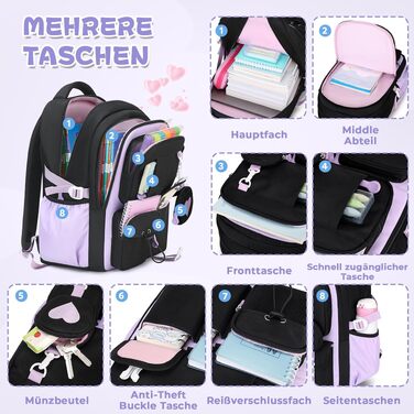 Шкільний рюкзак для дівчат-підлітків Sisipoet, 22.9 л, водонепроникний, з відокремлюваним гаманцем, світловідбиваючими смугами та ергономічною підтримкою спини, чорно-фіолетовий