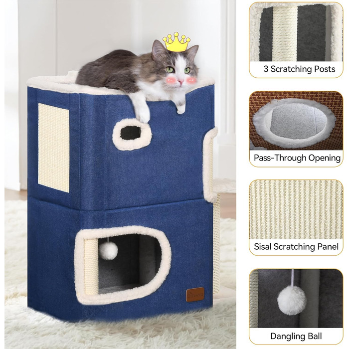 YITAHOME Cat House Indoor, Cat Bed for Indoor Cats, Cat Tunnel, Cat Cave, Small Scratching Post, Cat Furniture, Cat Bed Cave, cat caves, Cat Beds (Blue, with Platform)