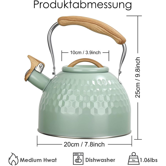 BEZORR Чайник-свисток з нержавіючої сталі, 3 літри, Ретро дизайн, для плити, індукції, газової, керамічної