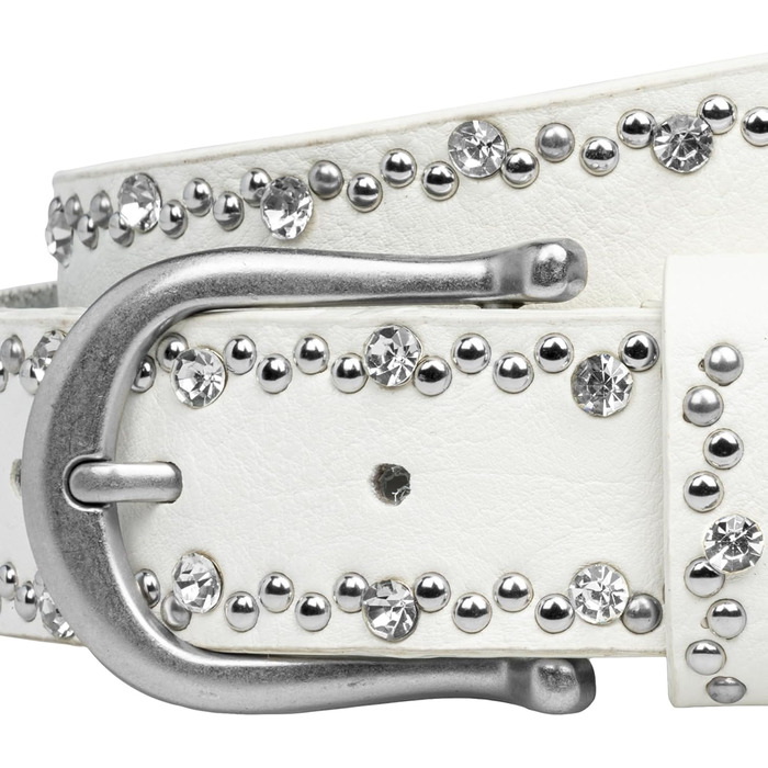 Жіночий ремінь Caspar GU292 з декоративними стразами та заклепками, білий (105 см, обхват талії 107-111 см)
