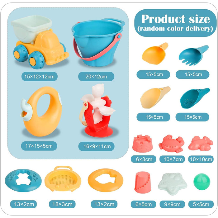 Sanlebi 17-Piece Beach Sand Toy Set with Water Wheel, Beach Buggy, Bucket, Mesh Bag, Sand Molds, Soft Plastic Toy Beach for Kids Boys Girls