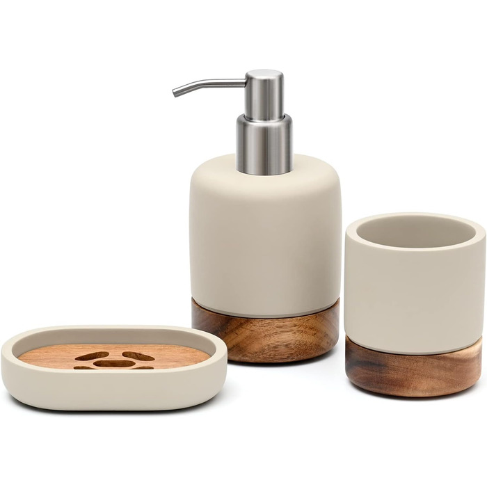 Сучасний набір аксесуарів для ванної кімнати Creativefine з дерева, 3 шт. (дозатор для мила, мильниця, тримач для зубних щіток)