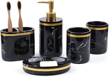 Набір аксесуарів для ванної кімнати, 5 шт., чорний, люкс, мармуровий малюнок, зубна щітка, дозатор мила, стакан, мильниця