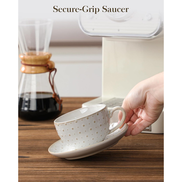 Набір кавових чашок MALACASA з блюдцем, 8 шт., для 4 особи, з рельєфом, 180 мл, кераміка, бежевий