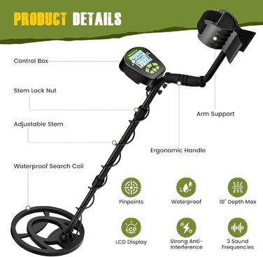 Металошукач з водонепроникною котушкою, регульована штанга, регульована довжина, чутливість та аудіо, легкий для дорослих та дітей, режими 'Всі метали', 'DISC', 'PP', LCD-дисплей