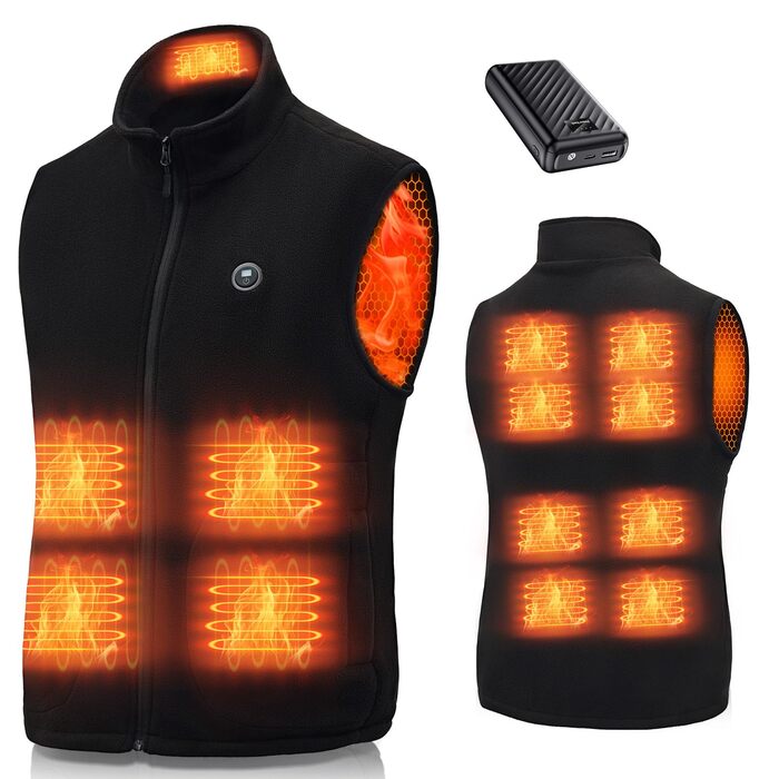 Обогреваемый жилет с аккумулятором 27000mAh 7.4V флисовый жилет, электрический жилет с 13 зонами нагрева, 3 режима температуры, мужской/женский, XL, глубокий черный